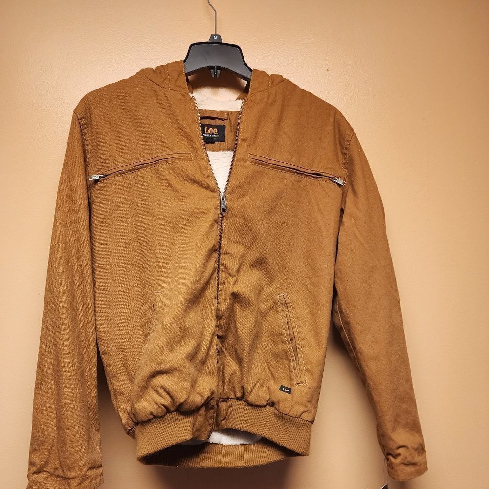 Lee Men's Hooded Zip Up Sherpa Lined Canvas Workwear Bomber Jacket